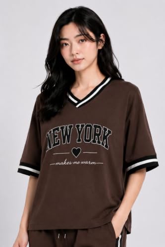Image of Women's New York Printed Night Suit | Cotton Blend Half Sleeve Top & Wide Leg Pyjama Set | Soft Comfortable Lounge Wear | Relaxed Fit Sleepwear for Women