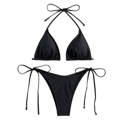 Costume da Bagno Donna Due Pezzi Chic Regolabile Ties-up Triangolo Bikini Con Tampone Toracico (Nero Taglia unica)