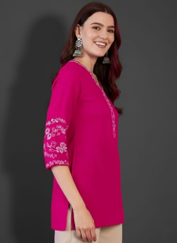 Image of MAHIRA'S Women's Short Kurti, Black Rayon Tunic Top with Embroidered Sleeves, 3 /4 Designer Sleeves