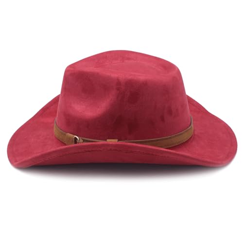 Image of Unisex Western Suede Cowboy Cowgirl Hat Classic Wide Brim Fedora Hat for Men &Women