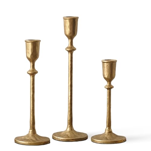 Antique Brass Candlestick Holders Set of 3, Cast Iron Taper Candle Holder for Dining Table Centerpiece, Wedding, Fireplace Mantel Decor, Vintage Tall Candle Stands, Christmas Decorations
