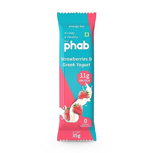 Phab Protein Bars Mini with 11g Protein, No Preservatives, No Artificial Sweeteners, Zero Trans Fats, Goodness of Honey | Pack of 6 x 35g Bars | Strawberries & Greek Yogurt