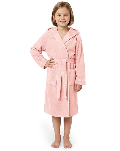 LAYNENBURG Premium Bademantel Kinder & Teenager mit Kapuze - 100% Baumwolle - OEKO TEX Standard 100 - flauschiges Frottee - Größe (134/140, Rosa)