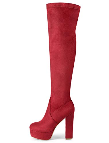 Allegra K Women's Platform Block Heel Red Over Knee High Boots - 8.5 M US