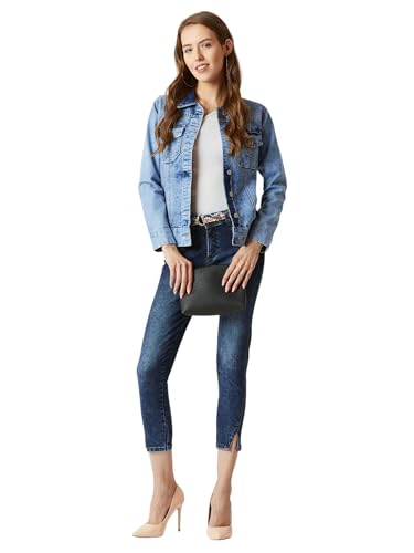 Image of Miss Chase Women's Polo Neck Full Sleeves Patch Pocket Denim Overcoat Knee-Length Jacket