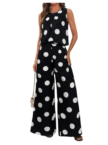 SOLY HUX Women's Polka Dots Two Piece Set Tank Top and Pants Summer Outfits Work Office Clothes Black and White Large