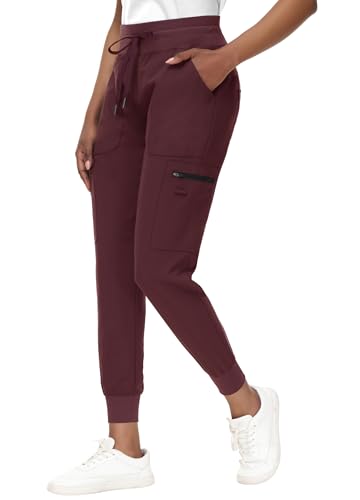 Image of MIVEI High Waisted Jogger Style Scrub Pants for Women - 8 Pockets Medical Bottoms Tapered Yoga Waistband Ribbed Ankle Cuffs