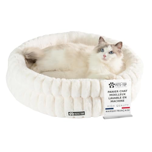 One PETS-TOP Panier Chat Moelleux – Coussin Chat ou Petit Chien Doux et Confortable – Cat Bed Antistress – Couchage Apaisant Rond et Chaud (Blanc, 60 cm)