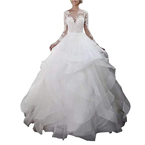 DingDingMail Wedding Dress Ruffles Wedding Gown Bridal Dresses Illusion Long Sleeves Princess Ball Gown Wedding Dresses White