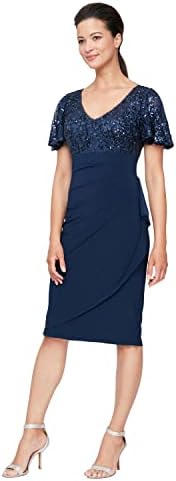 Alex Evenings Women's Short Shift Knee Length V Neck Dress (Petite & Regular), Navy Flutter Sleeve, 6