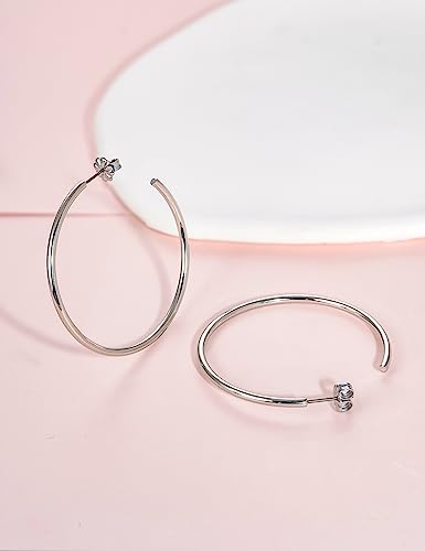 Limerencia Hypoallergenic G23 Pure Titanium Big Open C Hoop Earrings, Lightweight Cubic Zirconia Cuff Huggie Earrings For Women Girls Sensitive Ears (45Mm Thin Round Hoop, Silver) #TOP1