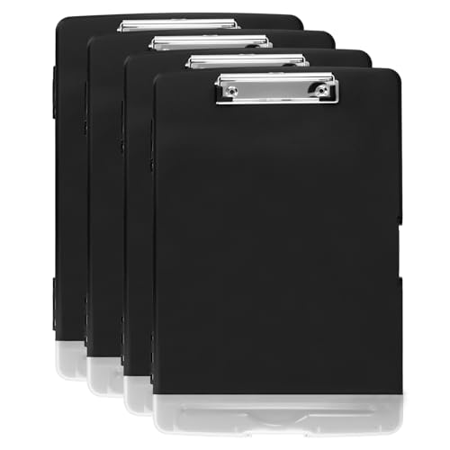 HAKZEON 4 PCS A4 Clipboard with Storage, Plastic Clip Board with Separate Pen Holder and Low Profile Clip, Great for Work, Office Supplies (Black)