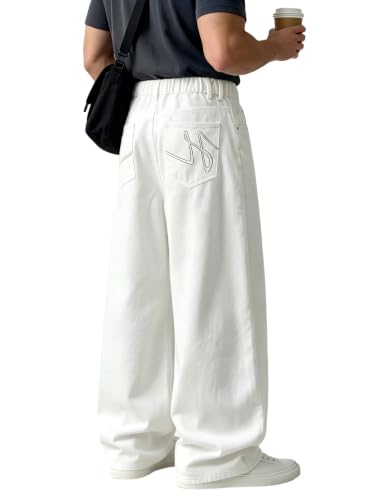 Areant Mens Baggy Jeans Wide Leg Hip Hop Loose Fit Jeans Relaxed Fit Elastic Waist Skate Streetwear Y2K Vintage Denim Pants White X-Large - image 5