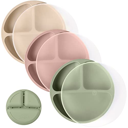 Image of WeeSprout Silicone Plates with Lids for Babies & Toddlers (3 Pack) 100% Food-Grade Dishes for Self Feeding, Divided Design & Raised Edges for Picky Eaters, Dishwasher & Microwave Safe Weaning Supplies