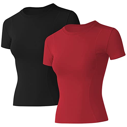 Image of Loovoo Women Workout Shirts, 1 /2 /3 Pack Short Sleeve Compression Tee | Tight Fit Gym Basic Tops, Athletic Quick Dry Crew Neck 4-Way Stretch, Flat Seams Ideal for Yoga, Gym, Running and Daily Wear