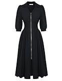 GRACE KARIN Midi Wedding Guest Dresses, Casual 3/4 Sleeve Dress Zipper Front, Smocked Work Dress Formal Buiness Casual Black Size L