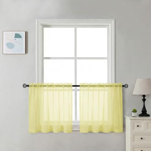 Image of Chyhomenyc Sheer Tier Curtains 24 Inch Length - Small Window Kitchen Curtains for Bathroom Living Room Basement, Rod Pocket Farmhouse Short Voile Curtain 42Wx24L, 2 PCS, Light Yellow