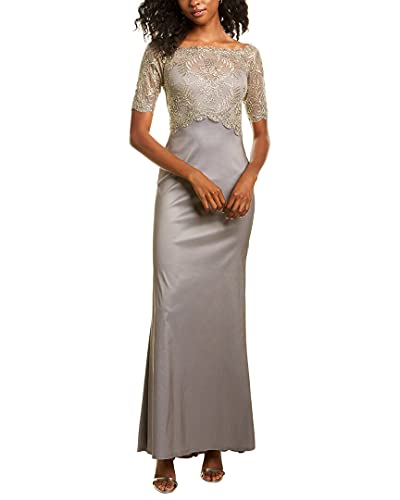 Tadashi Shoji Women's Elbow SLV Gown w/Corded lace Bodice and Taffeta Skirt, Smoke Pearl, 14