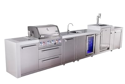 Mont Alpi Premium 4-Burner 193" Deluxe Stainless Steel Island Modular Outdoor Kitchen Island BBQ Gas Grill with Infrared Side Burner + Beverage Center Faucet & Sink + Refrigerator + Kegerator + Cover