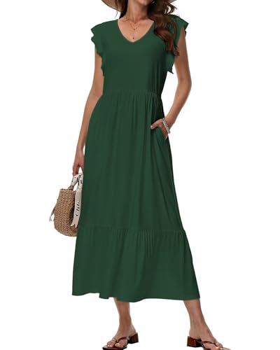 Tanmolo Maxikleid Damen Sommerkleid Lang Strandkleid Mit V-Ausschnitt Im Swing-Stil Mit Blumenmuster Mit Taschen (Grün L)