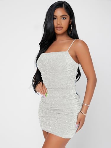 Image of Floerns Women's Glitter Sleeveless Ruched Party Clubwear Bodycon Mini Dress