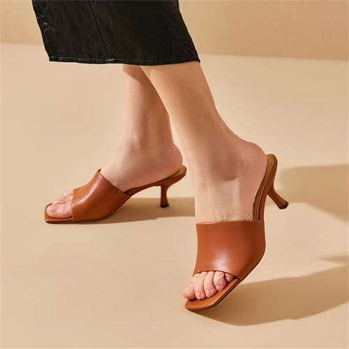 Women's Calfskin Leather Slippers - Solid Color Square Toe Thin Heel Flats3