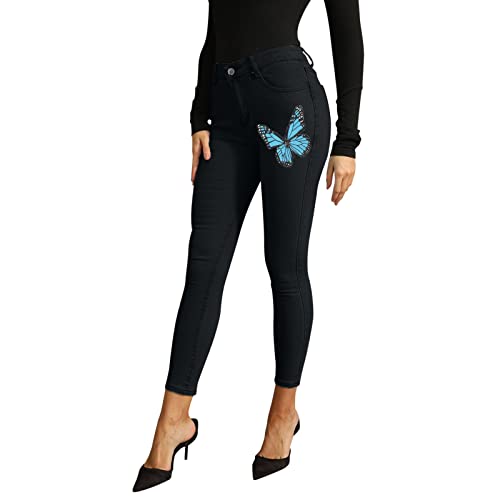 Pantalon en jean pour femme imprimé noir stretch avec coupe longue taille moyenne