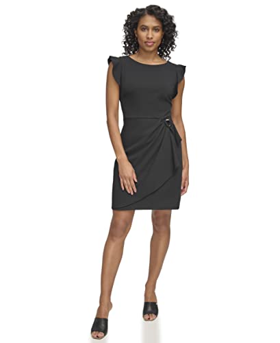Image of DKNY Women's Flutter Sleeve Faux Wrap Dress with Hardware