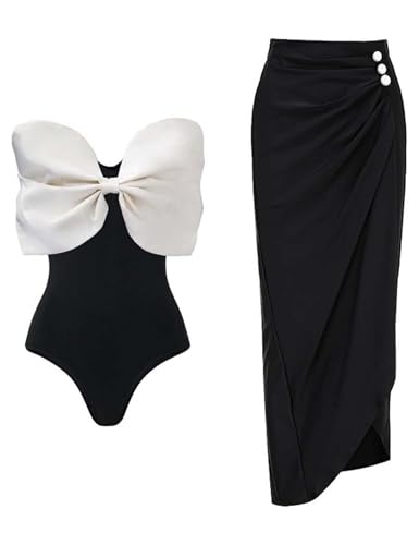 FLAXMAKER Women's One Piece Adjustable Shoulder Straps Swimsuit Bow-tie Decor Bathing Suit