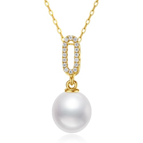14K Solid Gold Pearl Necklaces for Women Real Gold Freshwater Cultured Pearl Pendant Necklaces for Women Her Wife Birthday Anniversary Christmas Gifts Various Styles