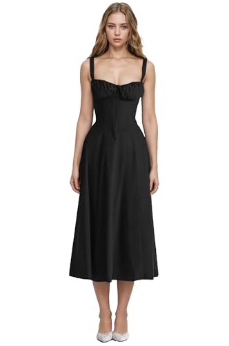 Image of Women Floral Corset Dress 2026 Boho Midi Sundress Summer Dress | Flowy A-Line Dress with Adjustable Spaghetti Straps Lace Up Back Front Slit High Waist for Vacation Wedding Guest