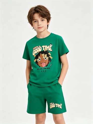 Image of Size 6-12 Years Boys Summer Outfits Set Kids Short Sleeve Top T-Shirt & Shorts Color Block Clothing Sets