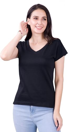 Image of Women's V Neck Plain T-Shirt, Black, Short Sleeve, Casual Wear