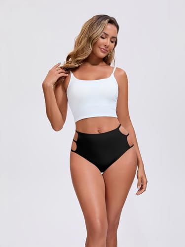 WODECASA Women Bikini Bottoms High Waisted Tummy Control Swim Bathing Suit Bottom with Side Cut-Outs2