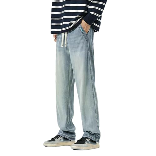 Summer Thin Soft Lyocell Fabric Jeans Men Elastic Waist Straight Denim Pants Male Trousers