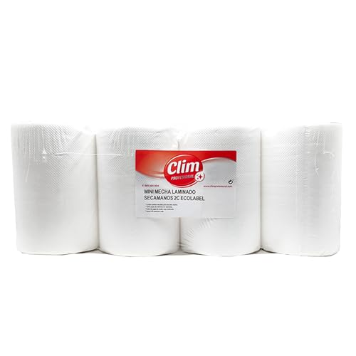 Clim Profesional - 12 Rollos de Papel Secamanos Tipo Mini Mecha Laminado de Doble Capa. Papel Gofrado Extra Absorbente para Tareas de Limpieza de Superficies. 100% Pura Celulosa Ecolabel. 60 mts