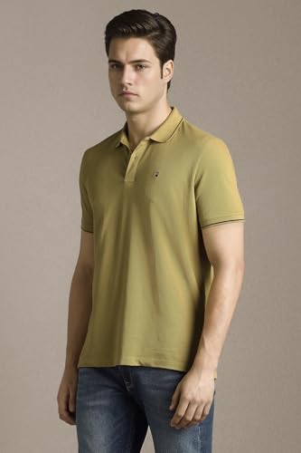 Image of Louis Philippe Men's Slim Fit Single-Tuck Pique Stylized Sleeve Print and Contrast Tipping Half Sleeve Solid Polo Tshirt