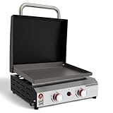 GasOne Flat Top Gas Grill with Lid – Auto Ignition Propane – Premium Stainless Steel Body Tabletop with Pre Season Griddle – Oil Drip Tray – for RV, Camping