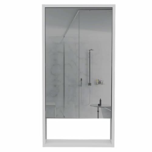 LOPOO Rectangle Medicine Cabinet with Mirror, Modern Stylish Design for Bathroom, Open and Concealed Storage, White