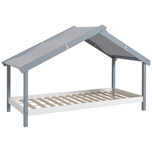 HOMCOM Letto Montessori per bambini a Casetta con Tetto Stellato, Letto per Bambini 90x190 cm per Cameretta con Struttura in Legno di Pino, 15 Doghe e Barriere di Protezione, Grigio