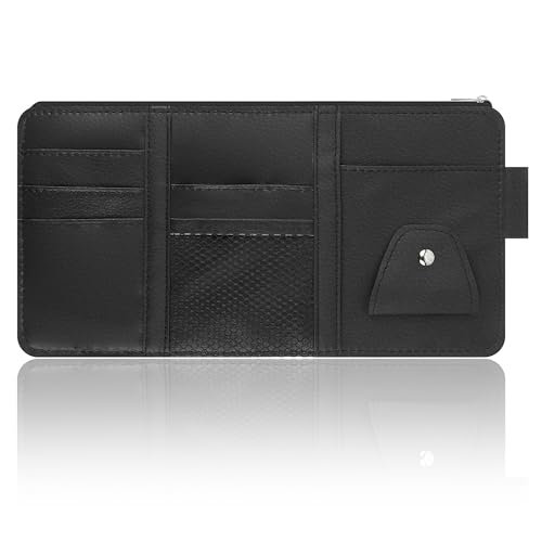 Image of OFBAND Car Visor Organizer with Sunglass Holder for Car,Multi-Functional Car Sun Visor Organizer with Zipper for Cards,Money,Tickets,Leather Truck Visor Organizer Car Accessories Interior (Black)
