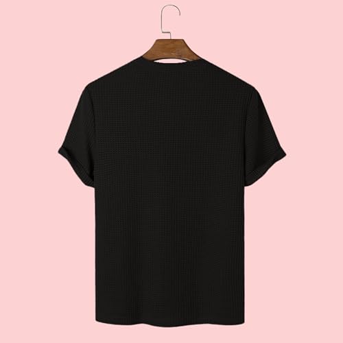 Image of London Hills Men's Waffle Textured T-Shirt | Solid Regular Fit Round Neck Half Sleeve Casual Wear Tee | Soft, Breathable & Lightweight Fabric