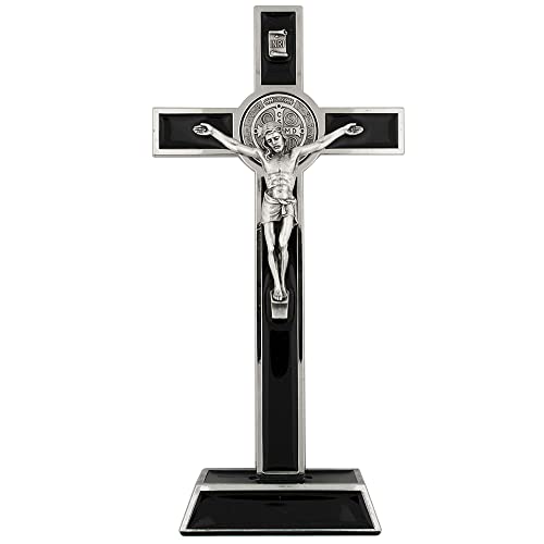 Standing Saint Benedict Medal Crucifix | Patron Saint of Students and Europe | Catholic Home Décor | Great Gift for Baptism, First Holy Communion, and Confirmation (Silver-Tone and Black)
