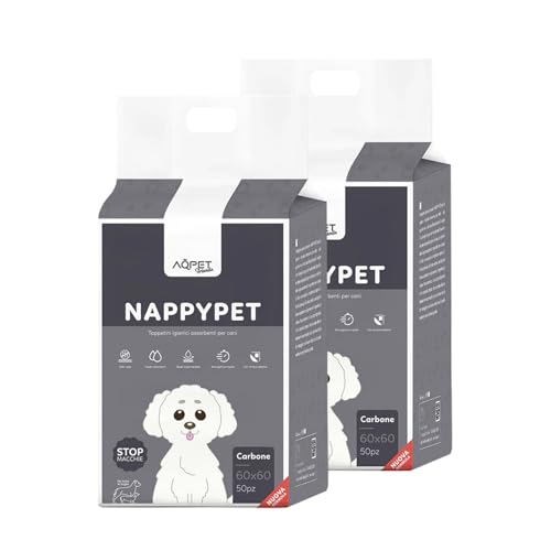 AQPET Tappetini igienici assorbenti con Carboni Attivi per Cane Traverse per Animali Domestici Cuccioli Anti Odore, 60x60 cm, 100 Pezzi
