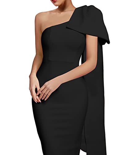 Image of UONBOX Women's One Shoulder Bowknot Long Sleeve Bodycon Knee Length Club Party Bandage Dress