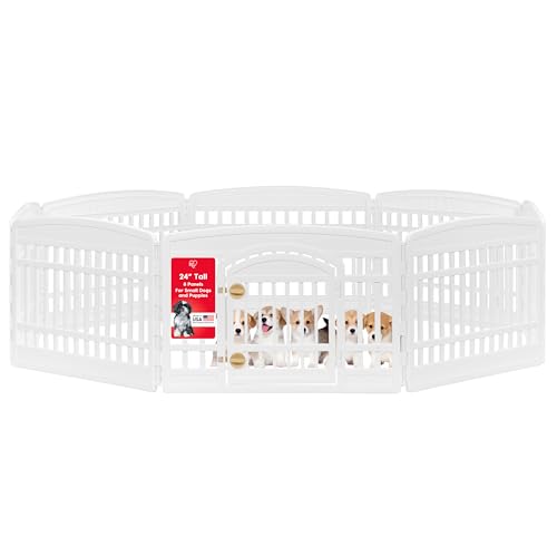 Image of IRIS USA Dog Playpen with Door, 24 inch 8 Panel Pet Exercise Pen - Indoor Outdoor Puppy Play Pen, Portable Plastic Pet Fence for Small Medium Dogs, Foldable 83.5 inch x 83.5 inch x 24 inch, White