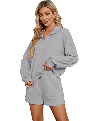 Flygo Women's 2 Piece Jogging Sets Long Sleeve Loungewear Half Zip Pullover Top Shorts Sweatsuit Outfits(Lightgreyheather-M) #TOP8
