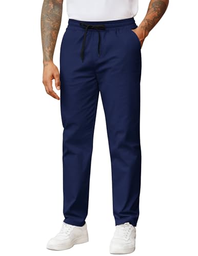 COOFANDY Mens Chinos Pants Casual Cotton Relaxed Fit Slacks Pull On Drawstring Elastic Waist Twill Trousers with Pockets Navy Blue
