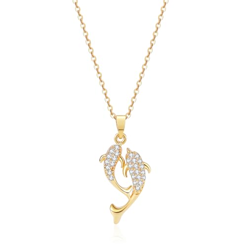 crataly Double Dolphin Necklace for Women-Gold Plated CZ Dolphin Necklace For Graduation Valentines Day Mothers Day Birthday Gifts