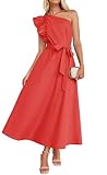 ZESICA Women's Summer One Shoulder Ruffle Dress Sleeveless Empire Waist Boho Flowy Maxi Dresses,Watermelonred,X-Large